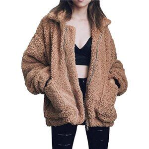 Womens Fleece Coat Oversized Lapel Zipper Jacket Faux Shearling Warm Winter Outw